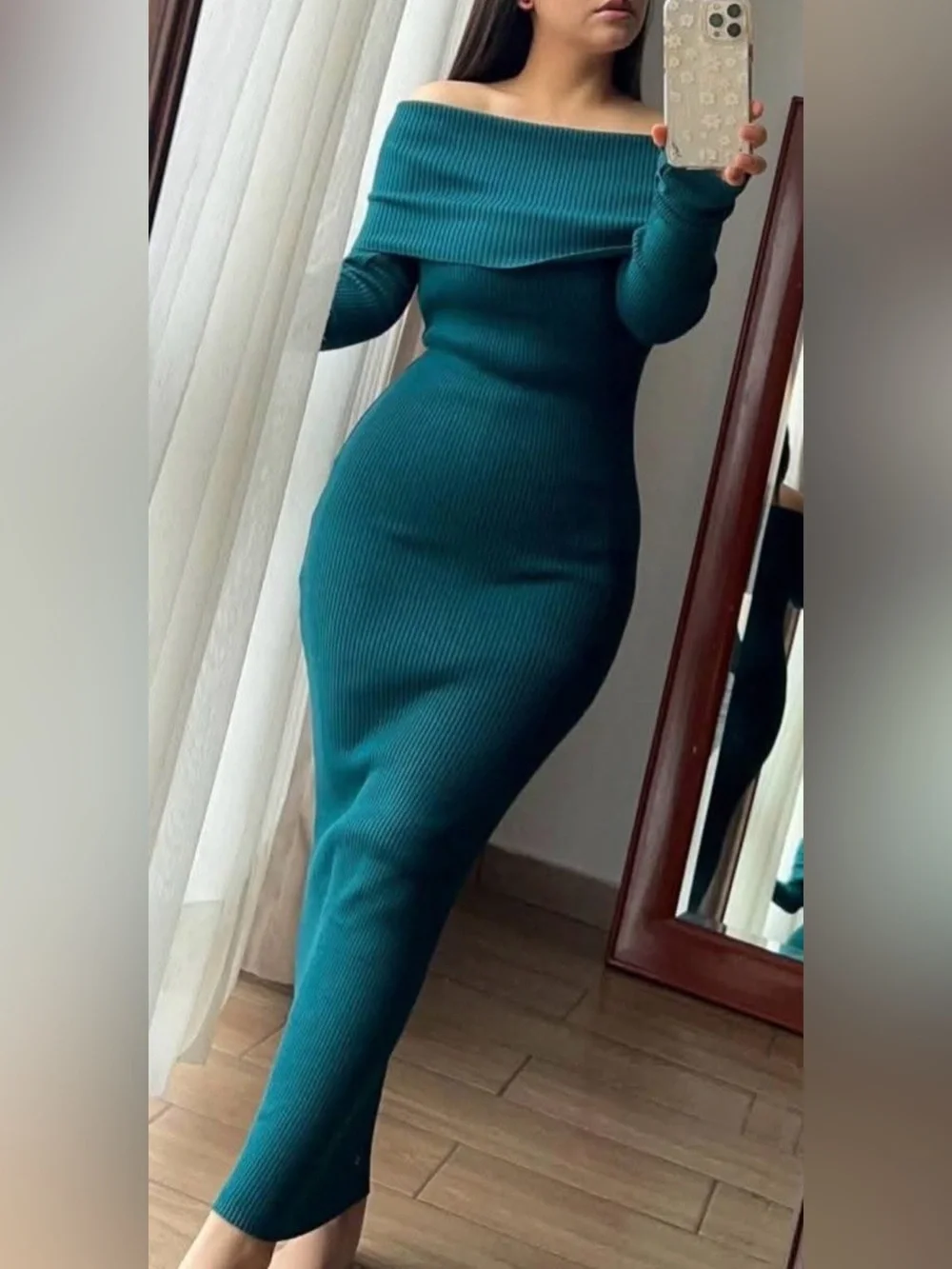 Off-Shoulder Teal Maxi Ribbed Dress